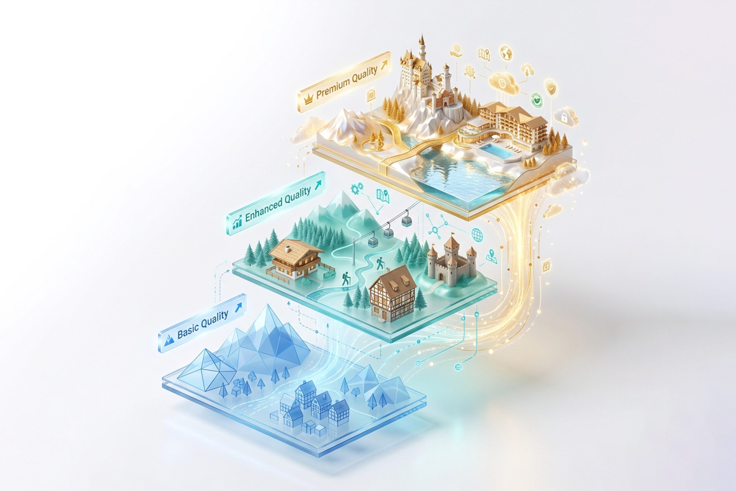 Visualisierung der drei Qualitätsstufen für touristische Open Data in Deutschland, Österreich und der Schweiz als aufsteigende 3D-Ebenen.